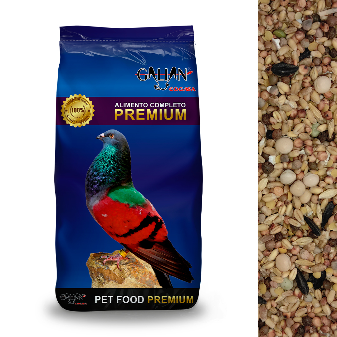 Envase de Mixtura Normal N.1 Palomos Deportivos Galian Cogasa, junto a un primer plano de la mezcla de semillas premium que contiene trigo, sorgo, guisantes, lentejas, y semillas de girasol negra. Producto ideal para el cuidado y nutrición diaria de palomos.